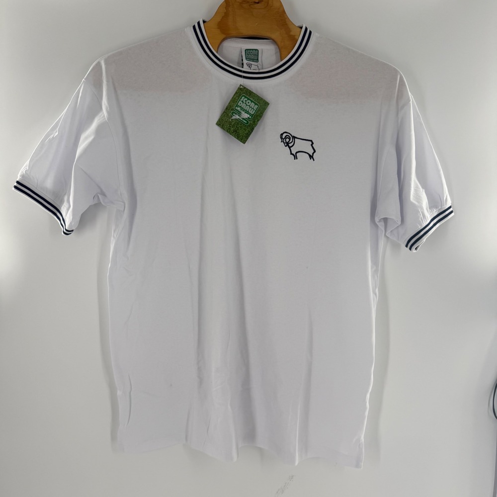 Score Draw Derby County FC Official Retro Ringer T-Shirt White Navy Mens 3XL NWT